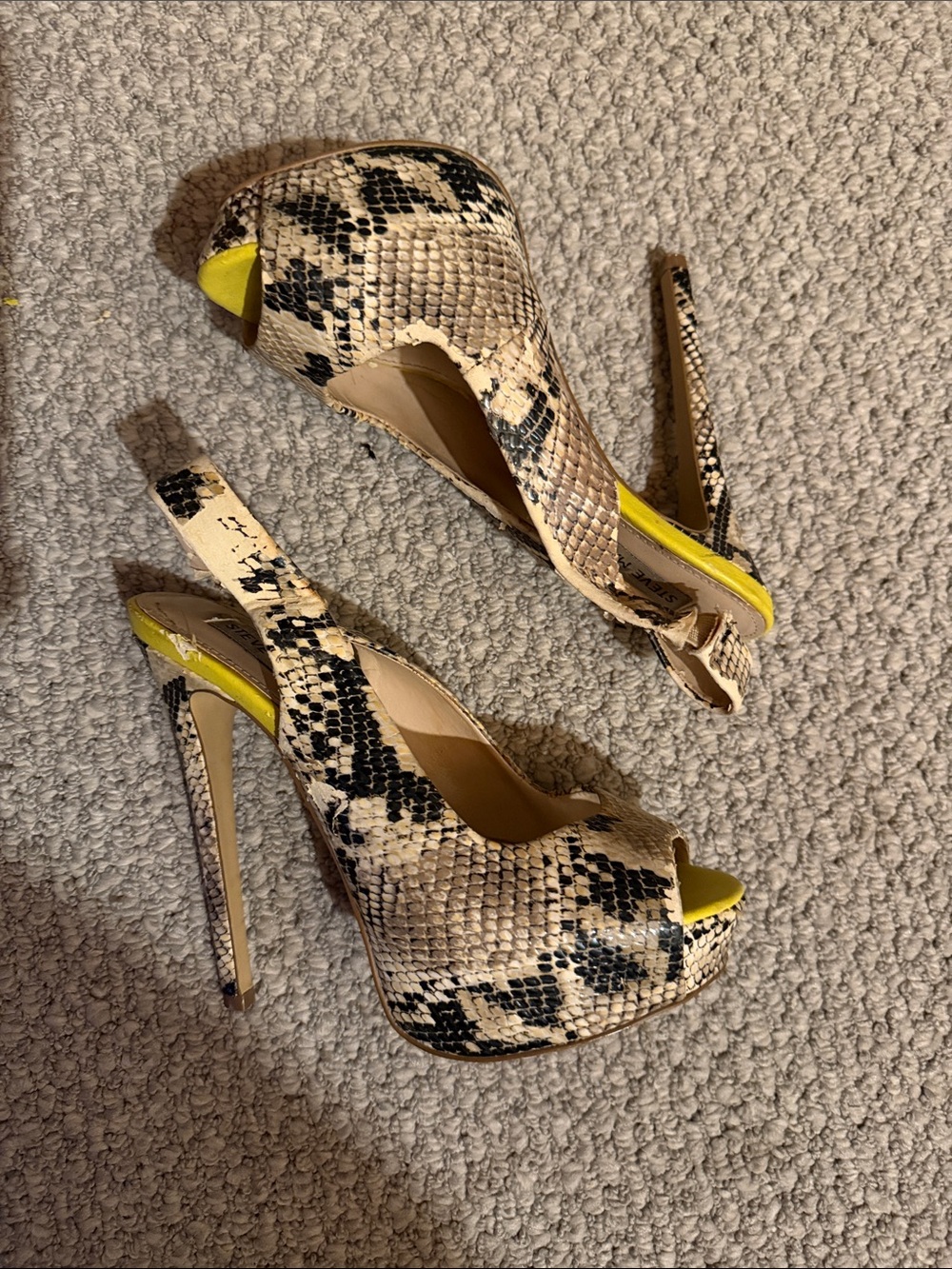 Steve Madden Snake-Print Peep Toe Heels with Yellow Accent